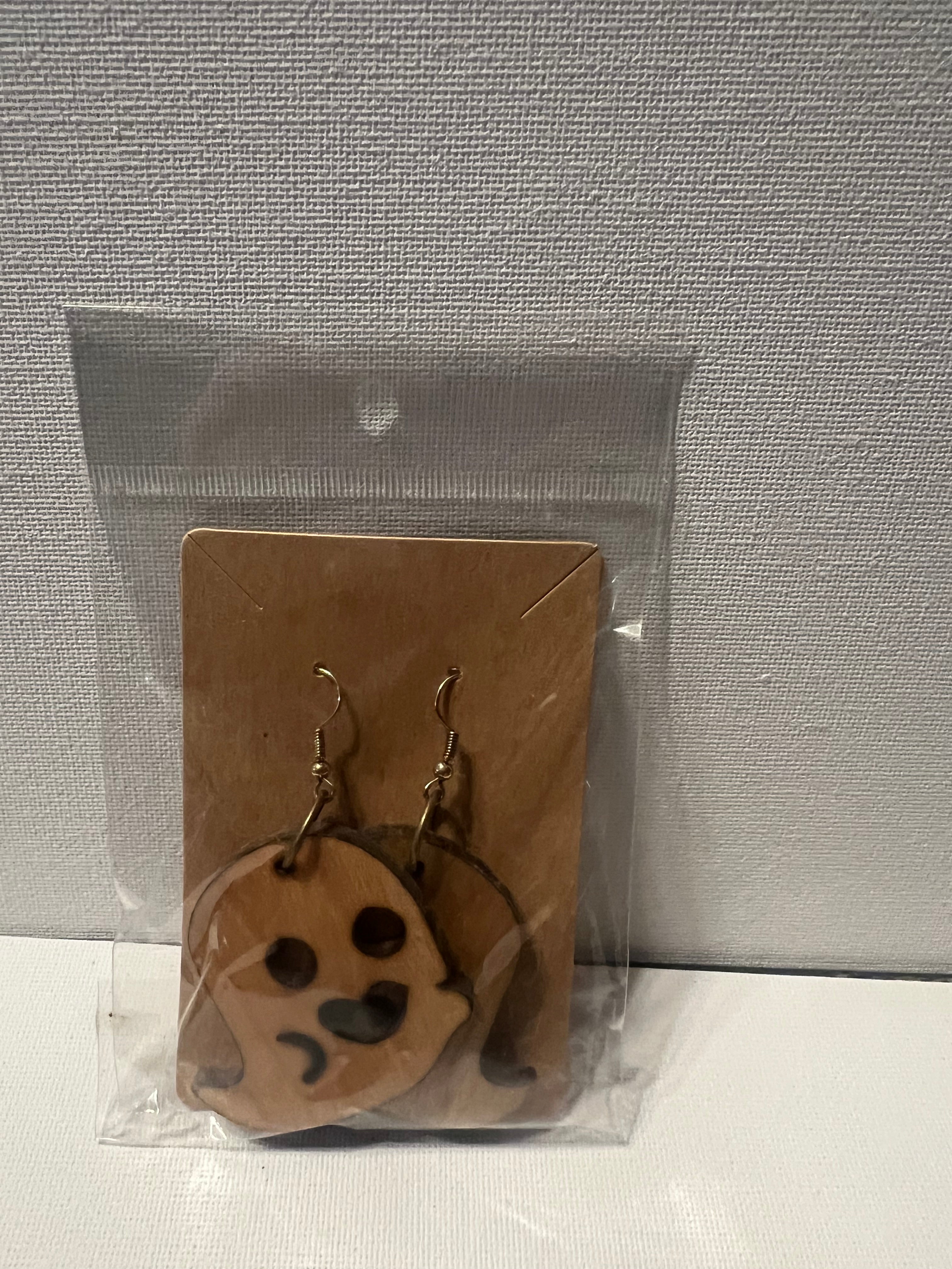 Wood happy ghost earrings