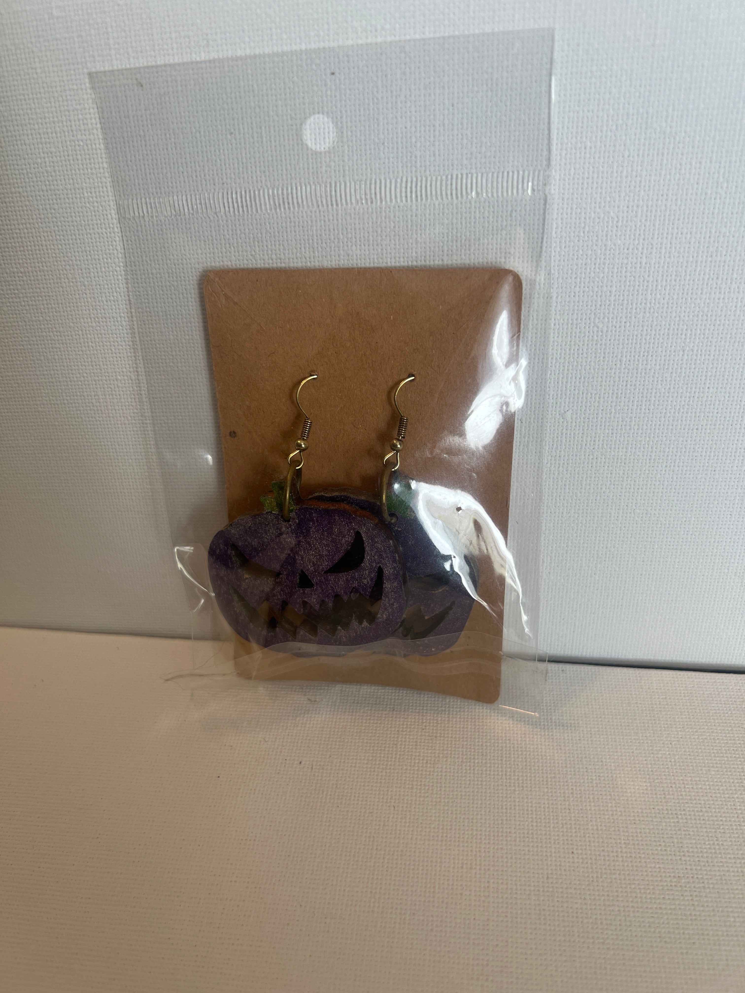 Wood purple jack o lantern earrings