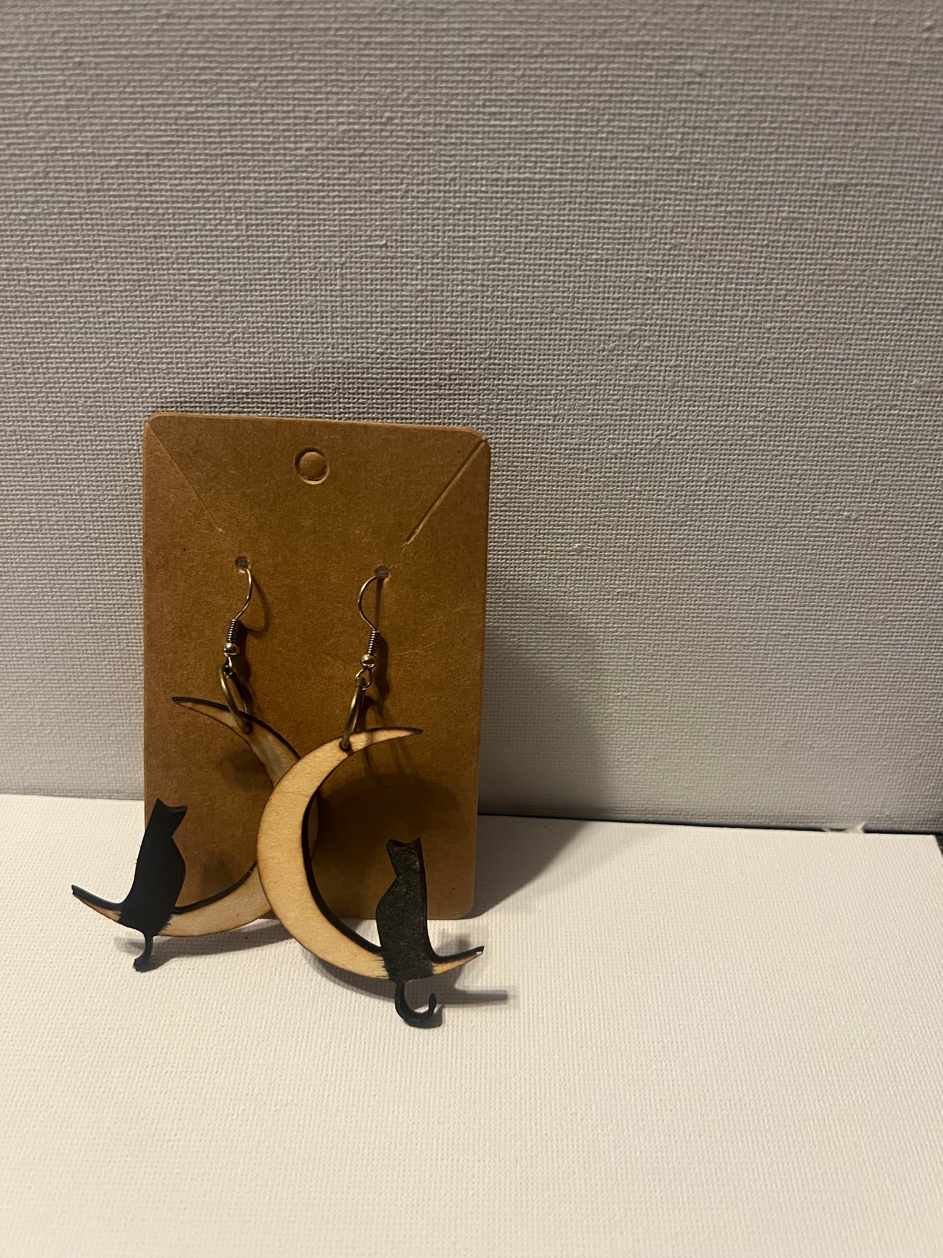 Wood Cat on the moon earrings